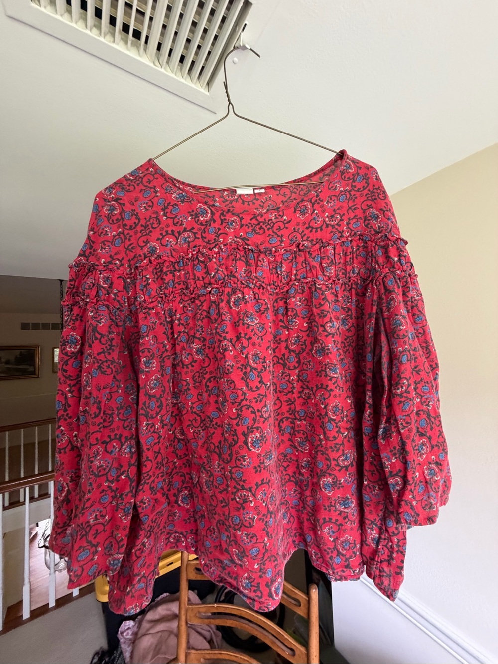 GAP Red Floral Ruffled Yoke Blouse